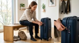 Traveler holding a suitcase with a visible TSA-approved luggage lock, preparing to set or use the lock before travel.