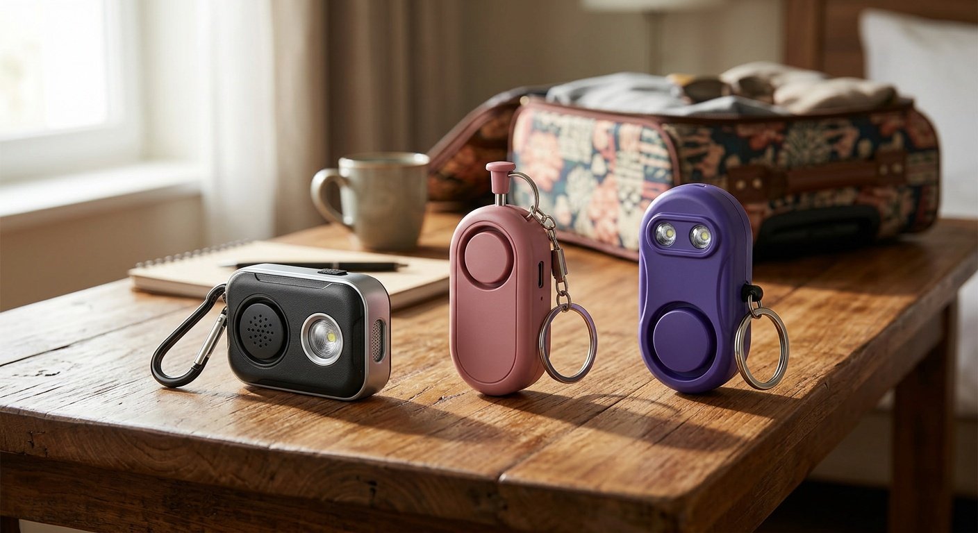 Three personal safety alarm keychains on a wooden table in a cozy hotel room setting, showing TECKNET, POZOZA, and CoreMuseOutdoor alarms for travel safety comparison