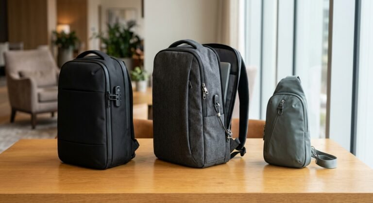 Comparison of anti-theft backpacks for 2026 travel security - BANGE, Tolaccea, and Baggallini models arranged in a hotel room scene