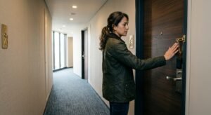 Traveler testing the engagement of hotel room built-in locks including deadbolt and latch chain on a hotel room door in a corridor.
