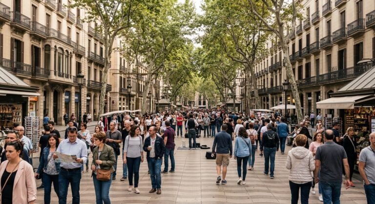 Wide street view of La Rambla in Barcelona crowded with tourists and street performers under natural daylight