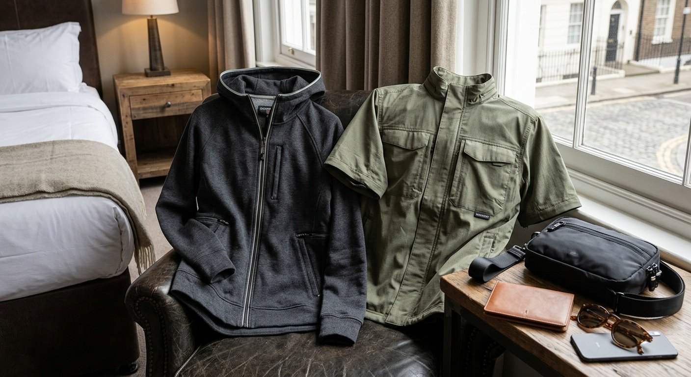 Editorial style photo showing SCOTTeVEST Chloe Glow Hoodie, SCOTTeVEST Tropiformer 3D Jacket, and Fiiuos Anti Theft Crossbody Bag arranged in a realistic travel setting