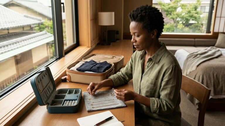 Traveler selecting jewelry pieces next to an open travel jewelry case and carry-on bag in a hotel room, preparing for safe travel.