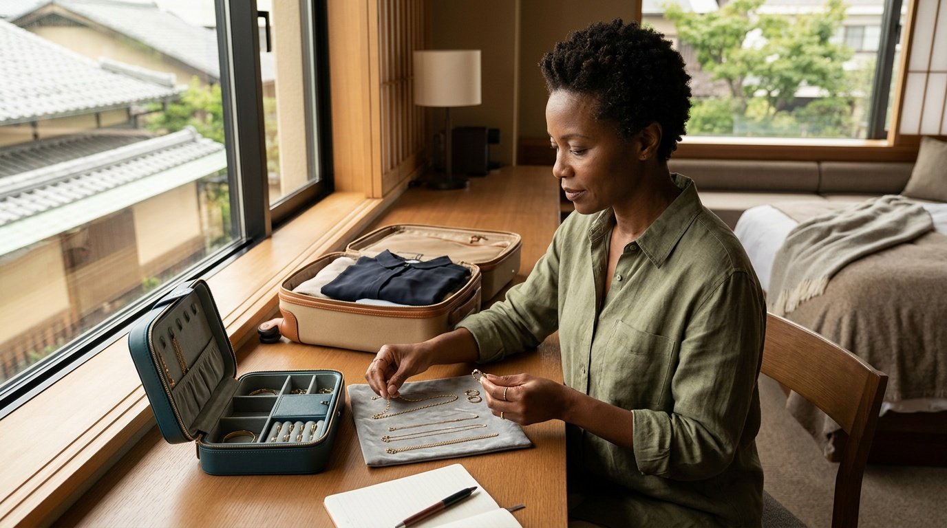 Traveler selecting jewelry pieces next to an open travel jewelry case and carry-on bag in a hotel room, preparing for safe travel.