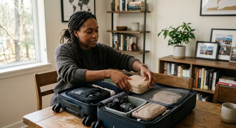 Traveler organizing valuables like jewelry and electronics neatly inside a carry-on suitcase at home for air travel.