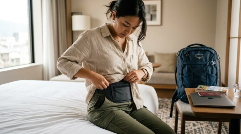 Traveler wearing a discreet money belt under clothing with a dummy wallet in front pocket, preparing for safe money carrying while traveling