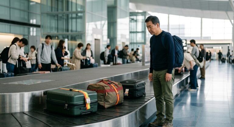 Traveler watching checked luggage on carousel in an airport baggage claim area with distinctive straps and TSA locks