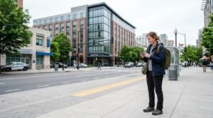 Traveler using smartphone on city sidewalk near hotel with police station and hospital visible nearby