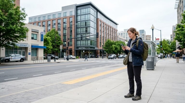 Traveler using smartphone on city sidewalk near hotel with police station and hospital visible nearby