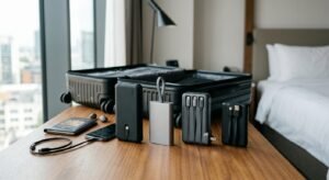 Editorial style realistic photograph of four TSA-approved travel power banks with built-in cables arranged on a wooden surface in a modern hotel room, next to travel accessories under natural daylight, showing size, portability and multi-device charging features