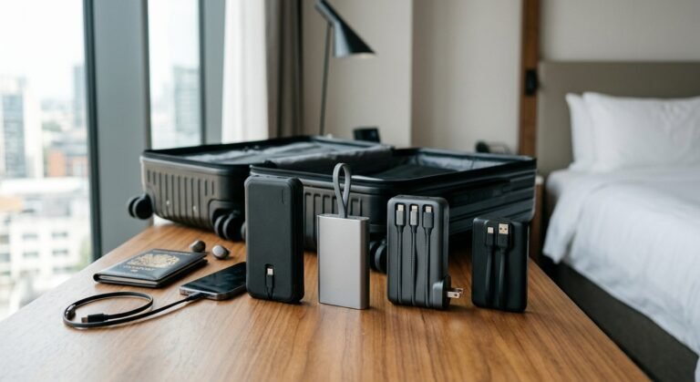 Editorial style realistic photograph of four TSA-approved travel power banks with built-in cables arranged on a wooden surface in a modern hotel room, next to travel accessories under natural daylight, showing size, portability and multi-device charging features